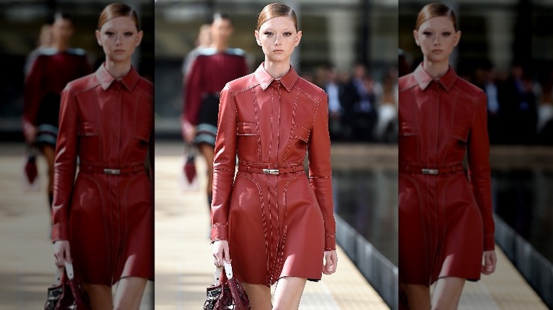 Model wearing red leather, a 2020 fashion trend