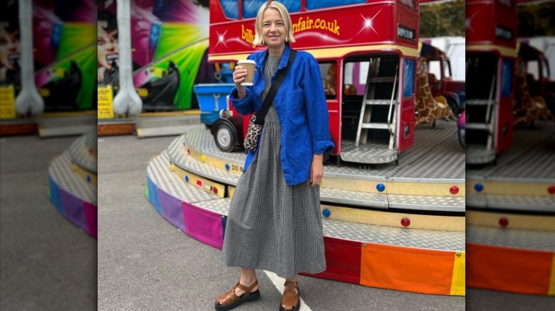 woman at fair ride gingham dress