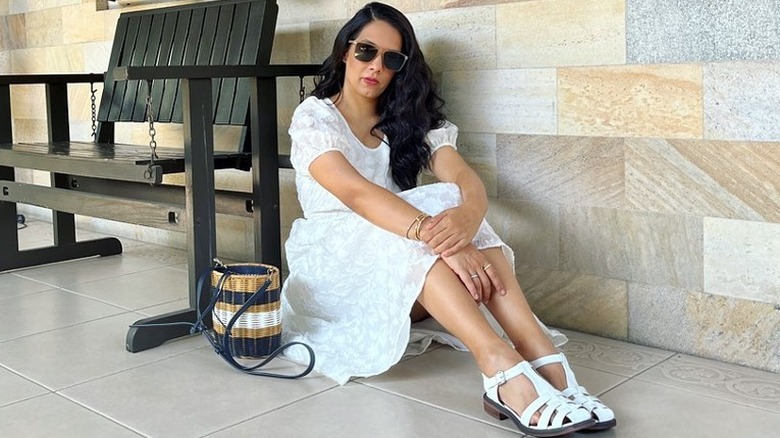 Woman white dress white sandals