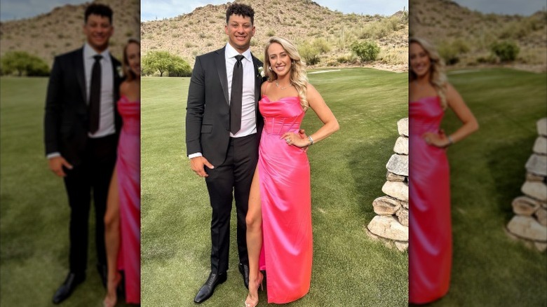 Patrick Mahomes and Brittany Mahomes pose at an outdoor wedding