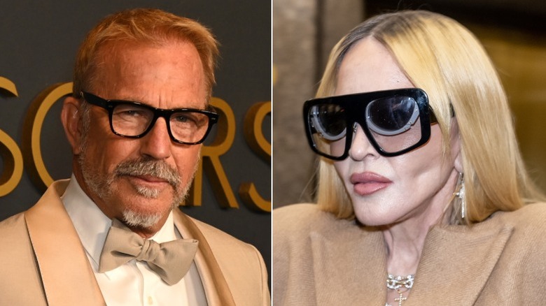 Split image of Kevin Costner and Madonna in glasses