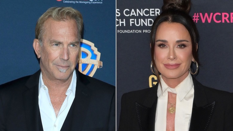 Split image of Kevin Costner and Kyle Richards red carpet