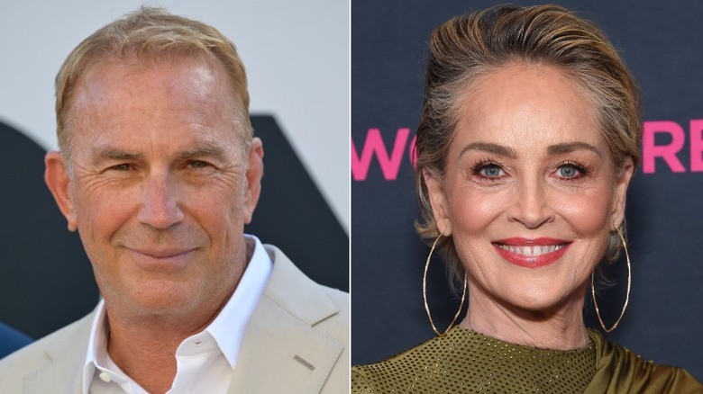 Split image of Kevin Costner and Sharon Stone smiling red carpet