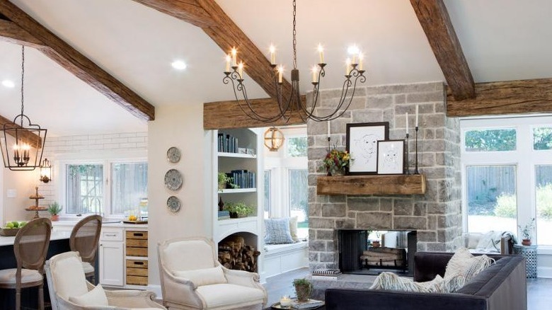 Modern living room with wood beams