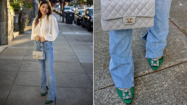 Woman in flare jeans and blouse