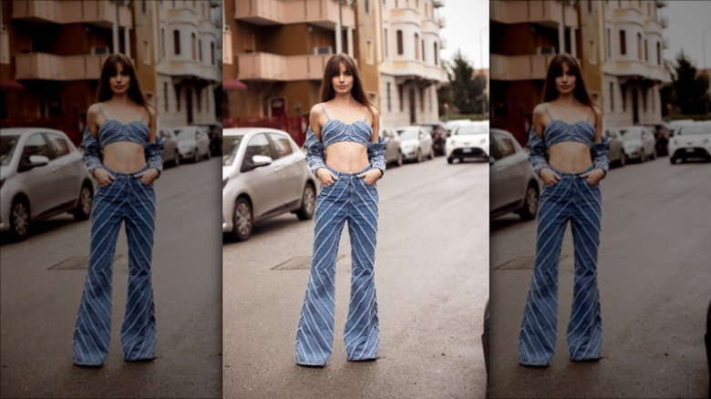 Woman in flare jeans co-ord