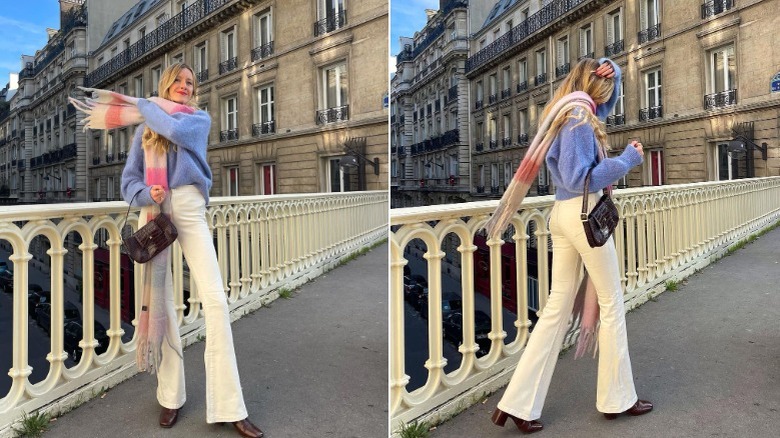 Woman in cream flare jeans