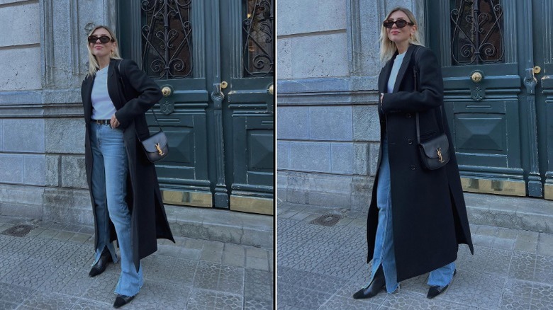 Woman in flare jeans and long coat