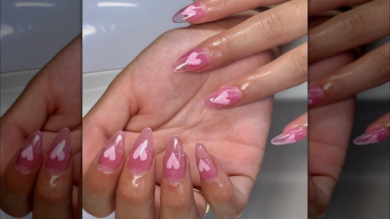 Pink jelly nails with hearts