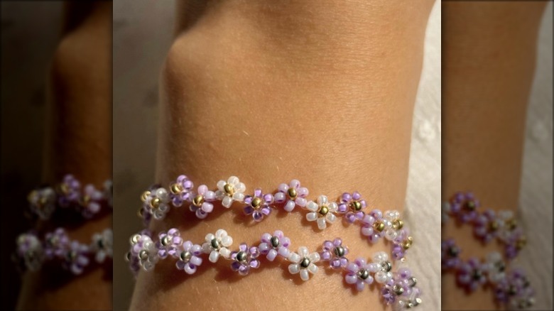 Beaded bracelets on woman's wrist