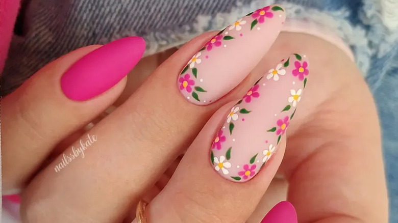 Almond-shaped pink acrylic nails