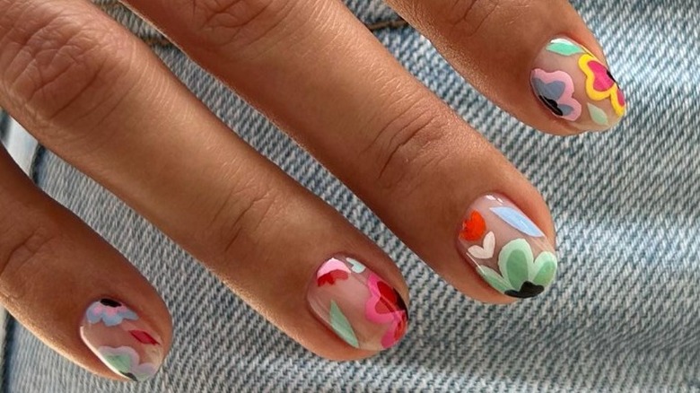 multicolor flowers on manicure