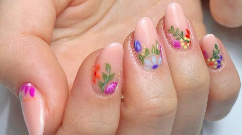 reverse french manicure with flowers