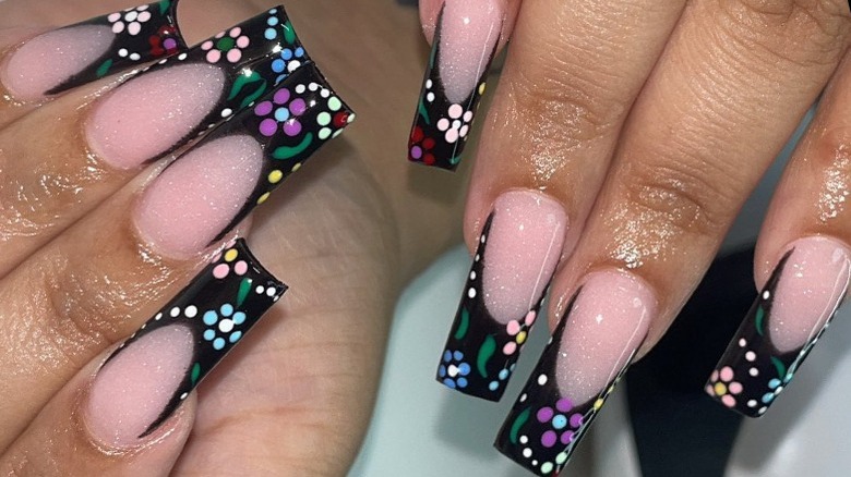 black french tip nails with flowers