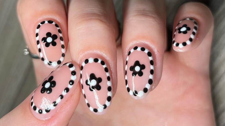 black and white floral nail art