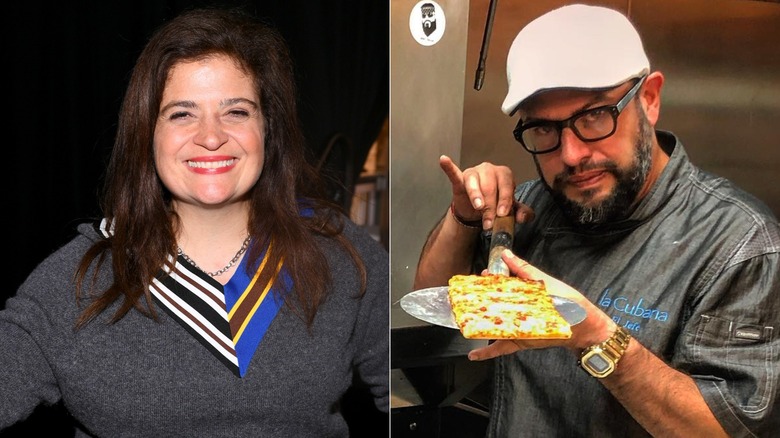 Split photo of smiling Alex Guarnaschelli and Carl Ruiz holding up a pizza slice