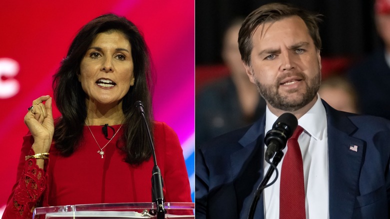 Nikki Haley speaking an at event in red (L), JD Vance speaking at an event in a suit (R)