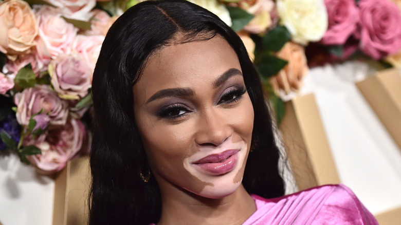 Winnie Harlow smiling in pink dress