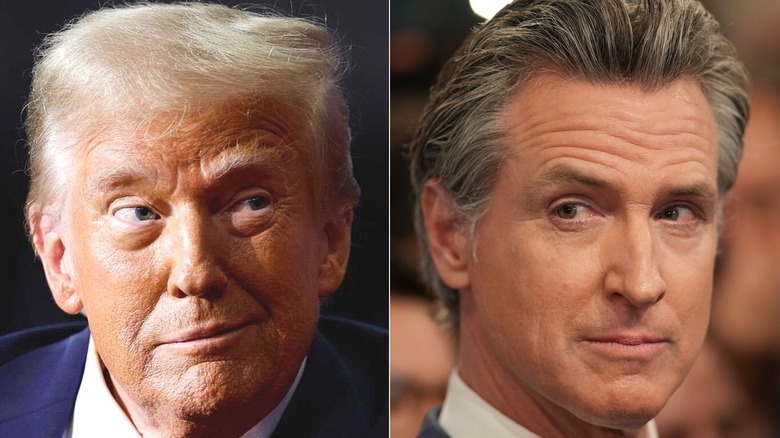 Split image of Donald Trump and Gavin Newsom both giving side-eye