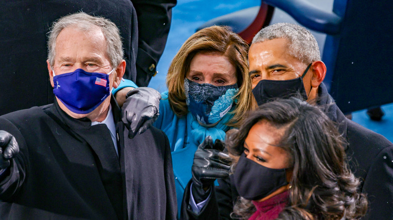 George W Bush and Micelle Obama with Nancy Pelosi and Barack Obama