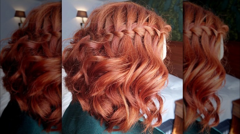 curled short bob with waterfall braid