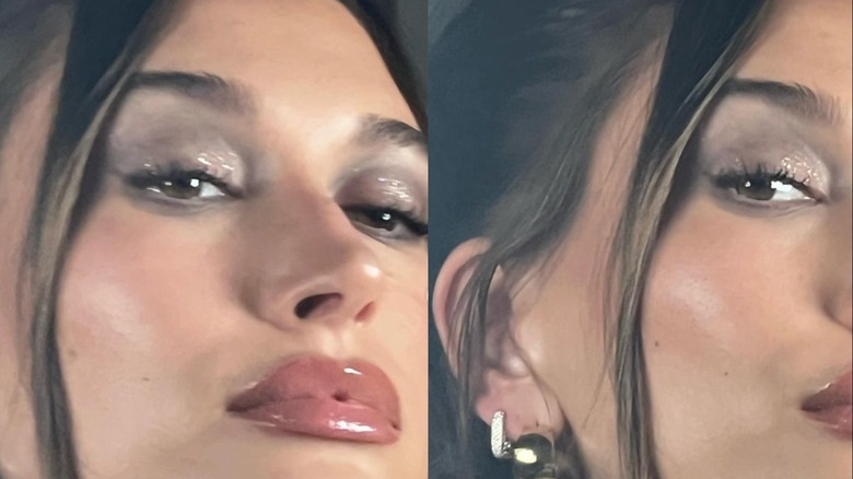 Hailey Bieber split screen with eyeshadow