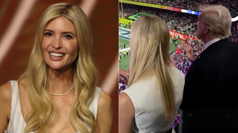 Side-by-side photos of Ivanka Trump smiling and Ivanka Trump watching the Super Bowl with Donald Trump