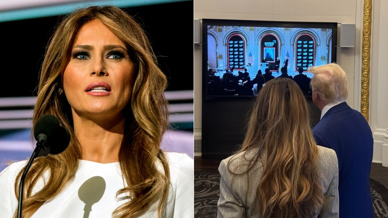 Side-by-side photos of Melania Trump and Melania Trump watching TV with Donald Trump