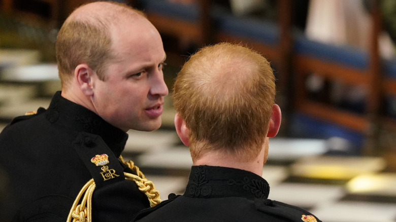 Prince William and Prince Harry talking in royal uniforms in in 2018