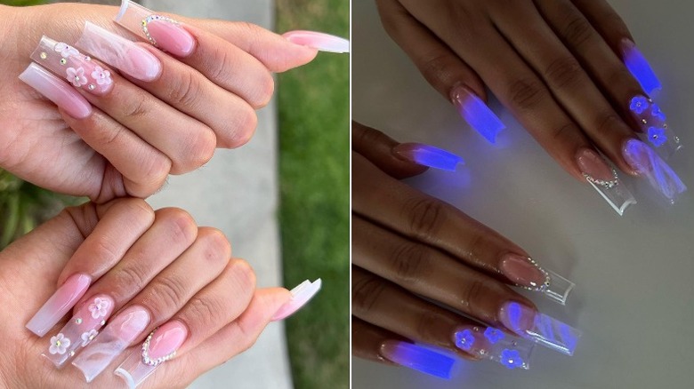 Glow in the dark nails side by side