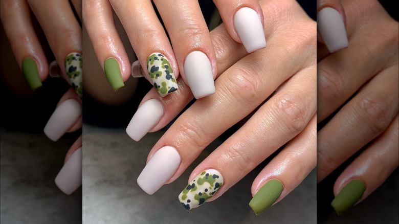 Pink and green nails with camouflage 