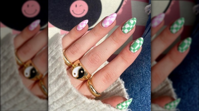 green and pink checkerboard nails