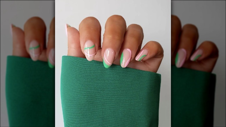 pink and green waves on nails