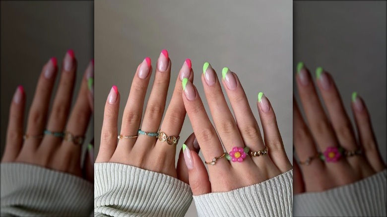 neon pink and green french manicure