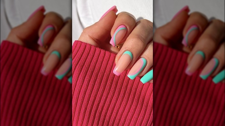 teal and pink nail design