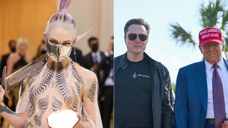 Split image of Grimes at Met Gala in 2021 & Elon Musk and Donald Trump walking together