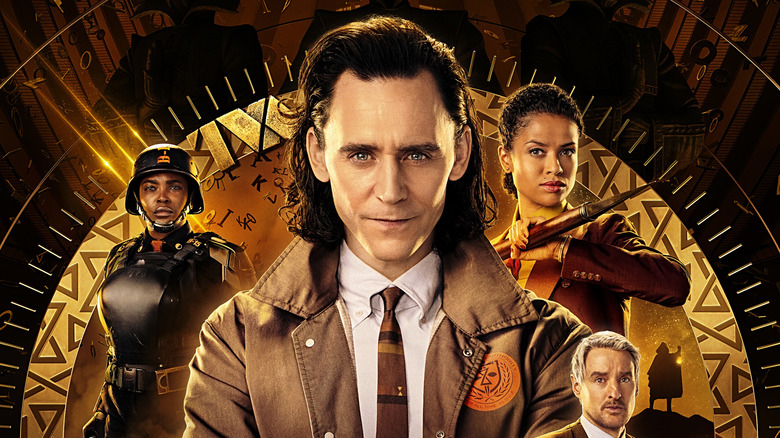 Promo poster for "Loki" season one featuring Tom Hiddleston, Gugu Mbatha-Raw, Owen Wilson, and Wunmi Mosaku