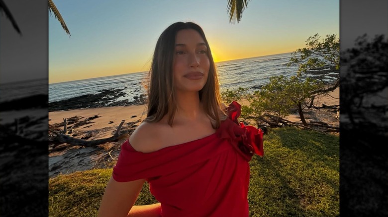 Hailey Bieber posing on vacation