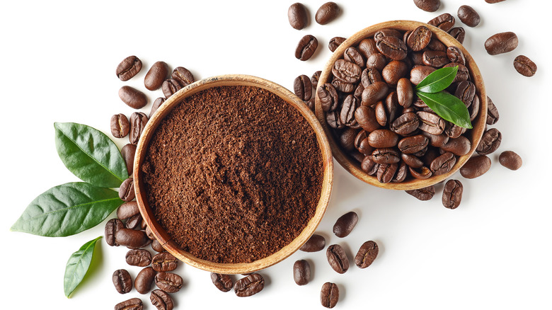 Ground coffee and coffee beans 