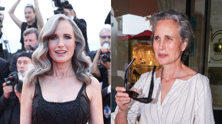 Split image of Andie MacDowell on a red carpet and walking outside