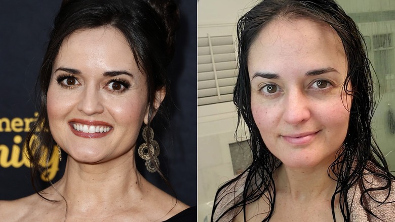 Split image of Danica McKellar at an event and in a selfie