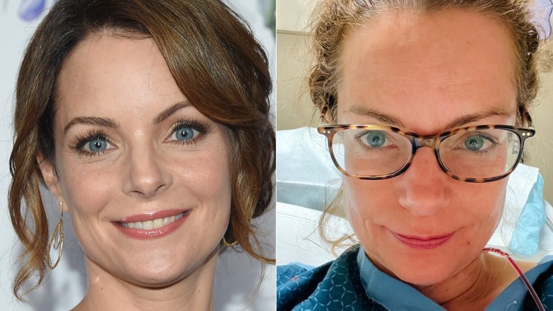 Split image of Kimberly Williams-Paisley at an event and in a hospital bed