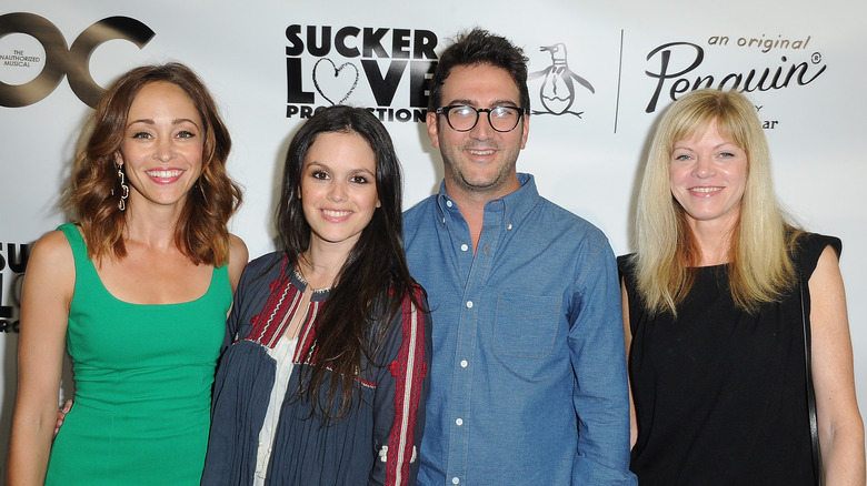 Autumn Reeser, Rachel Bilson, Josh Shwartz, and Stephanie Savage posing together at opening night of "The Unauthorized O.C. Musical"