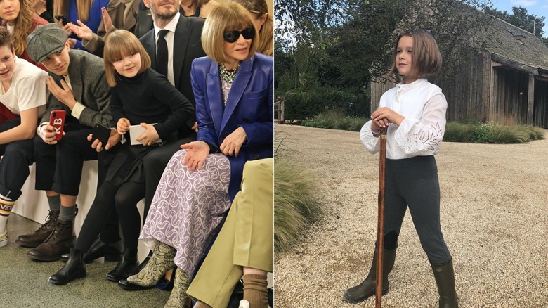 Split image of Harper Beckham sitting next to Anna Wintour and holding cane