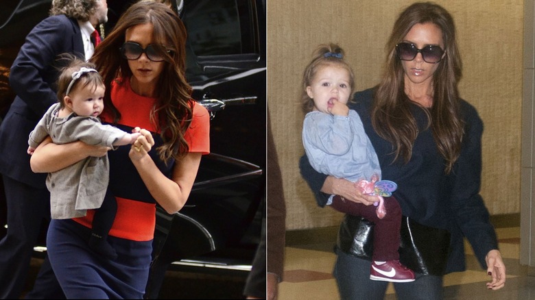 Split image of Harper Beckham wearing gray dress and burgundy pants with Nike shoes