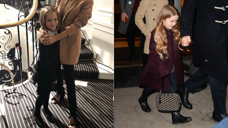 Split image of Harper Beckham with Bonpoint and Goyard purses