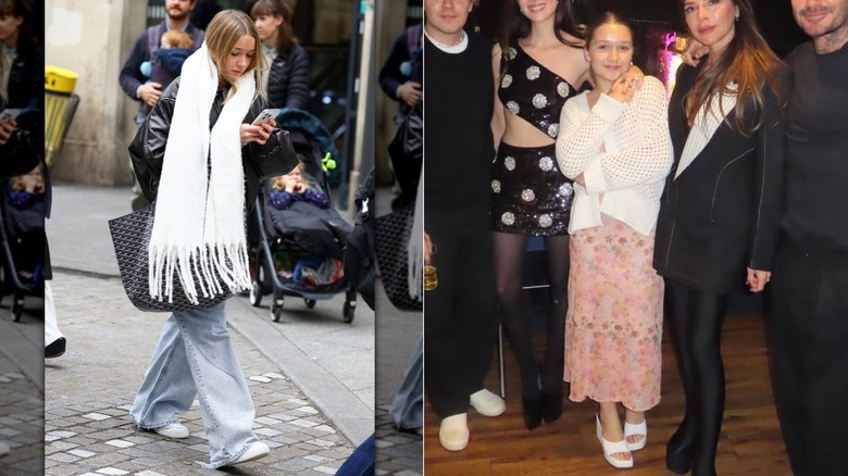 Split image of Harper Beckham wearing white scarf and posing with her family