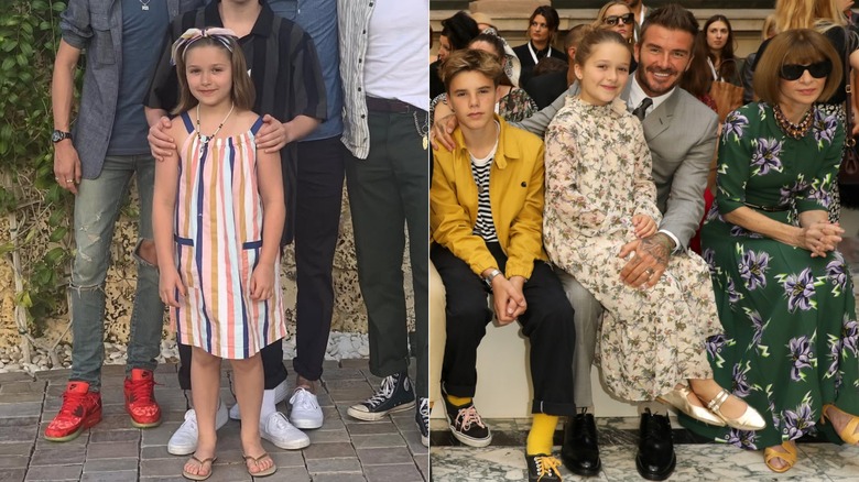 Split image of Harper Beckham wearing striped dress and sitting in David Beckham's lap in floral dress