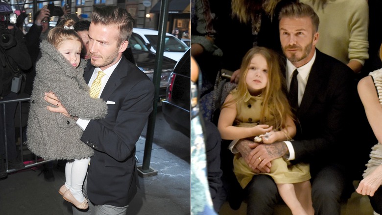 Split images of David Beckham with Harper Beckham wearing fuzzy coat and trench dress