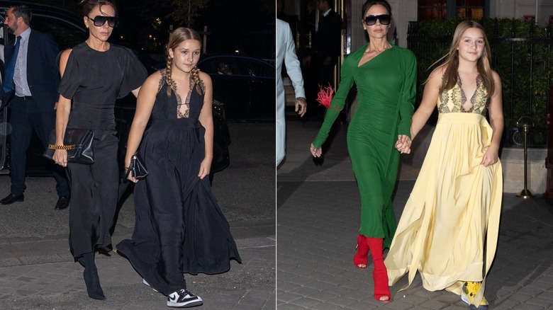 Split image of Harper Beckham wearing black dress and yellow dress with sneakers